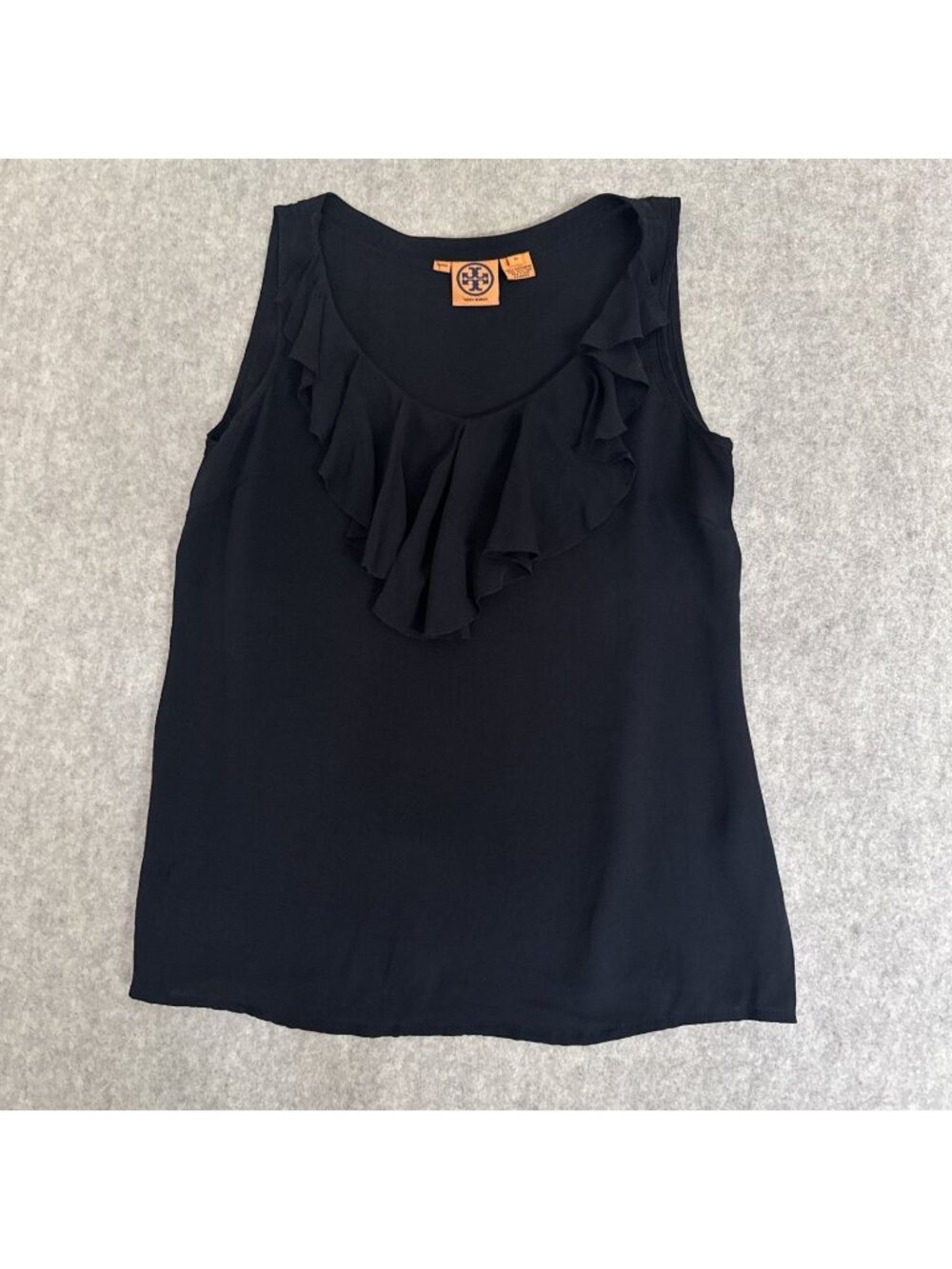 Tory Burch 100% Silk Ruffle Sleeveless Blouse Womens 10 Black V-Neck